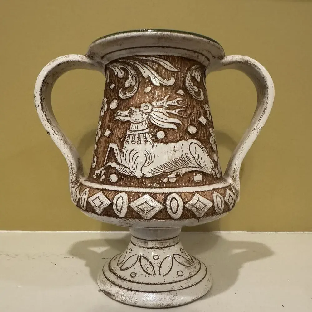 Deruta Italian Pottery Vase La Pinturicchio Sgraffito Handmade Deer Stag Vintage
